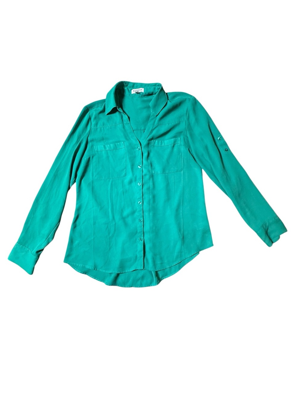 Express Portofino Shirt Blouse Medium  Green Roll Tab Sleeve Button Up